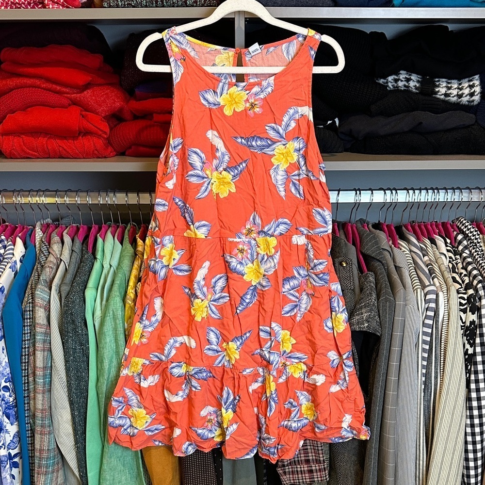 Old Navy orange/blue/yellow floral sleeveless back button closure dress size S